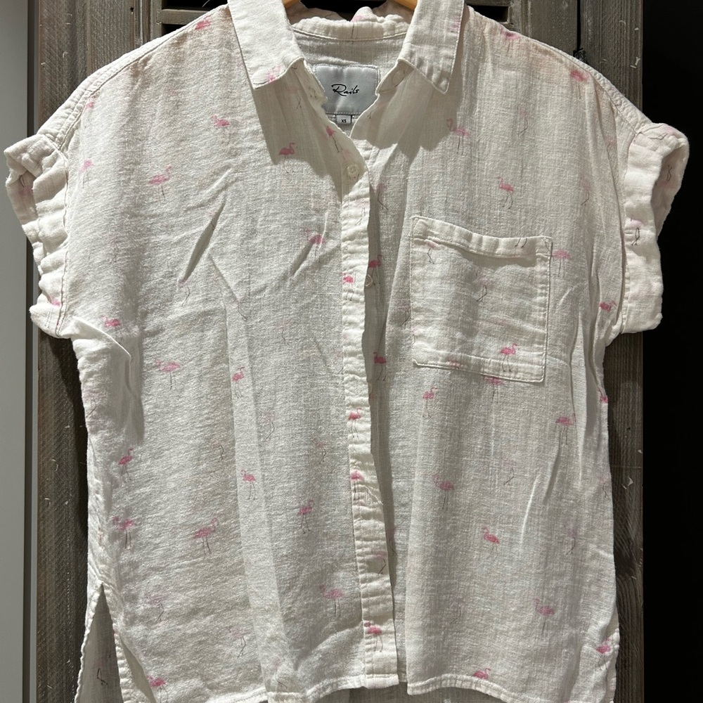 Rails White Shirt with Pink Flamingo Design